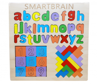 Puzzle incastru din lemn 3 in 1 - litere mici de tipar, cifre si  tetris SMART BRAIN