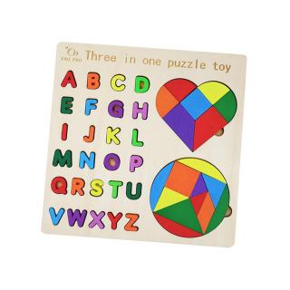 Puzzle incastru din lemn 3 in 1 - tangram forme geometrice, alfabetul literele mari de tipar