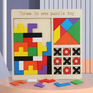 Puzzle incastru din lemn 3 in 1 - tangram forme geometrice, tetris si X si 0