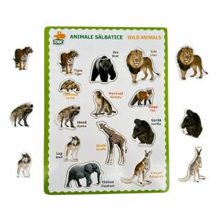 Puzzle incastru din lemn bilingv romana-engleza animale salbatice