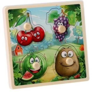 Puzzle incastru din lemn cu butoni 4 piese fructe