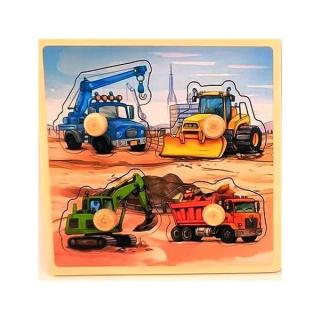 Puzzle incastru din lemn cu butoni 4 piese masini utilitare