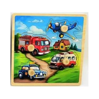 Puzzle incastru din lemn cu butoni 4 piese vehicule de interventie