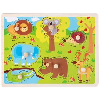 Puzzle incastru din lemn cu butoni animale salbatice in padure