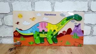 Puzzle incastru din lemn cu piese numerotate dinozaur- Diplodocus