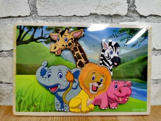 Puzzle incastru din lemn in relief animalute vesele elefant, girafa, leu, zebra, hipopotam