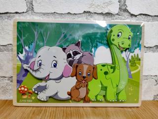 Puzzle incastru din lemn in relief animalute vesele elefant, raton, catel, dinozaur