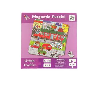 Puzzle magnetic tip carte 3 in 1 pe niveluri 133 piese vehicule