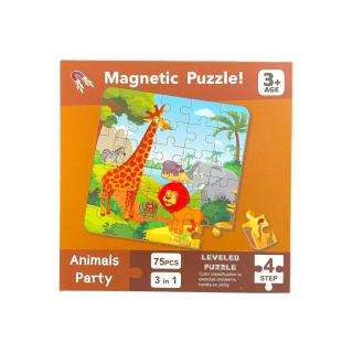 Puzzle magnetic tip carte 3 in 1 pe niveluri 75 piese animale din jungla