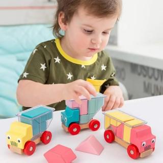 Set 3 camioane din lemn cu figuri geometrice tip puzzle 3D Assembling Toy Truck