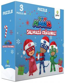 Set 3 Puzzle si carte cu activitati PJ MASKS salveaza Craciunul!