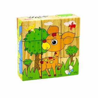 Set 9 cuburi din lemn cu puzzle animale din jungla