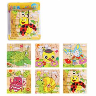 Set 9 cuburi din lemn cu puzzle insecte