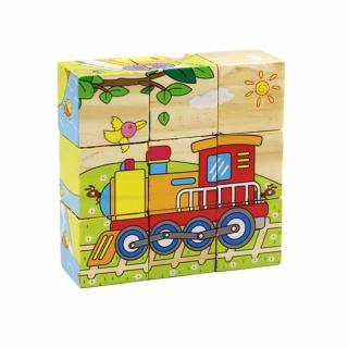 Set 9 cuburi din lemn cu puzzle mijloace de transport