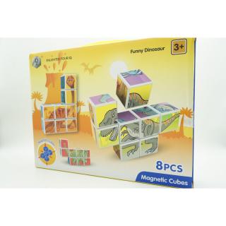 Set de 8 cuburi magnetice tip puzzle dinozauri