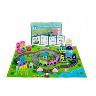 Set de constructie din lemn ORASELUL CU TRENURI - Train Railway City Blocks