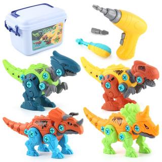 Set de construit 4 dinozauri cu suruburi, bormasina cu baterii si surubelnita
