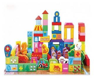 Set de cuburi din lemn pentru construit 100 de piese FERMA ANIMALELOR Farm Animals Blocks