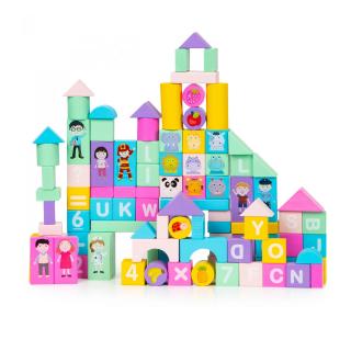 Set de cuburi din lemn pentru construit 100 de piese litere, numere, meserii- Learning Blocks