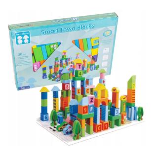 Set de cuburi din lemn pentru construit 100 de piese litere, numere, Oraselul inteligent. Smart Town Blocks
