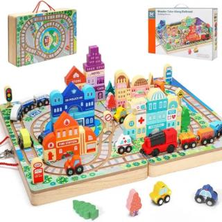 Set de joaca din lemn trenulet pe sine si cuburi de construit ORASELUL VALIZA  Track Box City