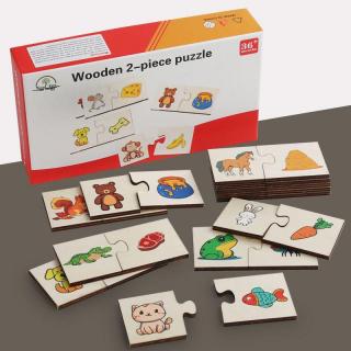 Set puzzle din lemn din 2 piese animale si alimentele preferate