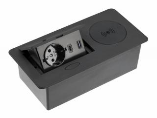 Priza incorporabila AVARO PLUS 1xSCHUKO, USB A+C, incarcare WIRELESS, cablu 1.5 ml, negru
