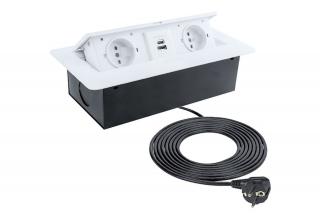 Priza incorporabila in blat Kombi Box 2xSchuko, 2xUSB A+C, cablu 3 m inclus, alb mat