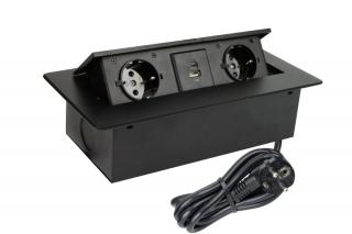 Priza incorporabila in blat Kombi Box 2xSchuko, 2xUSB A+C, cablu 3 m inclus, negru mat