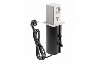 Priza incorporabila in blat TOWER Schuko, USB-A, USB-C, Fast Charge 18W, alb + inox