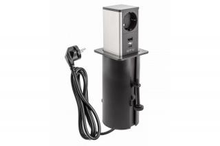 Priza incorporabila in blat TOWER Schuko, USB-A, USB-C, Fast Charge 18W, negru + inox