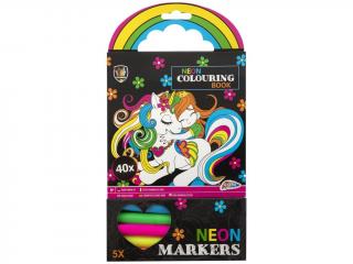 Carte de colorat cu 5 markere neon, unicorni