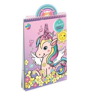 Carte de colorat cu abtibilduri si sclipici, model cu unicorn, A4, 16 pagini