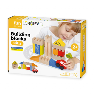 Set blocuri de constructie din lemn -  Oras, 18 piese