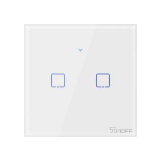 Intrerupator inteligent cu touch Sonoff T2 EU TX, Wireless + RF 433, 2 canale, compatibil iOS Android, Amazon Alexa Google Assistant, sticla, Alb