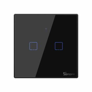 Intrerupator inteligent cu touch Sonoff T3 EU TX, Wireless + RF 433, 2 canale, compatibil iOS Android, Amazon Alexa Google Assistant, sticla, Negru