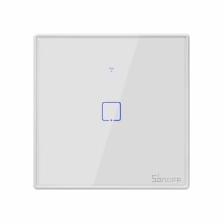 Intrerupator inteligent simplu cu touch Sonoff T2EU1C TX, Wi-Fi, compatibil Amazon Alexa si Google Assistant, sticla, Alb