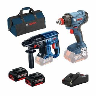 Kit 2 scule 18V Ciocan rotopercutor SDS-Plus brushless Bosch GBH 180-LI, 2J + Masina de insurubat cu impact 1 2   GDX 180-LI, 180 Nm, cu 2 acumulatori Li-Ion 4Ah + Geanta textil