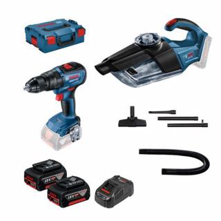 Kit 2 scule Bosch 18V Masina de gaurit cu percutie brushless GSB 18V-50, 50 Nm + 2 acumulatori Li-Ion 5Ah + Valiza + Aspirator GAS 18V-1 (solo)