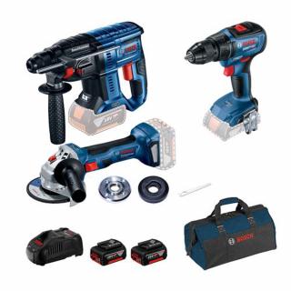 Kit 3 scule Bosch 18V Ciocan rotopercutor brushless GBH 180-LI + Masina de gaurit GSR 18V-50 + Polizor unghiular brushless GWS 180-LI + 2 acumulatori Li-Ion 5Ah + incarcator + geanta textil