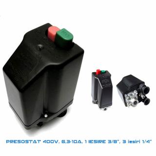 Presostat compresor trifazat, 6.3-10 A, filet 3 8  , 3 iesiri 1 4  , 12 bar