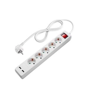 Prelungitor cu 5 prize Schuko, buton on off, 2 porturi USB, alb, lungime cablu 1.5m, Optonica 7616