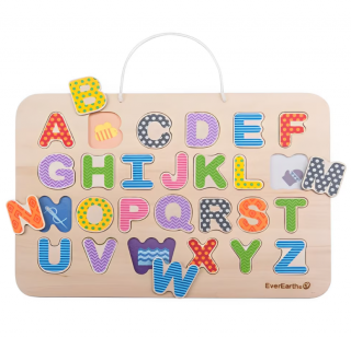 Puzzle cu alfabet magnetic si placa de desenat, EverEarth, Lemn, 3 ani+