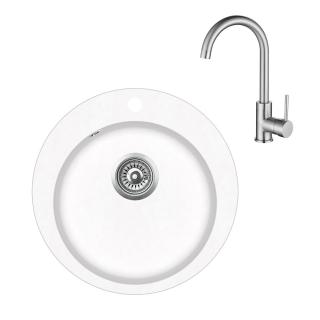 Pachet Aquasanita, chiuveta compozit granit alba cu baterie cartus ceramic inox mat