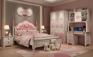 Set mobilier Mica Lebada din MDF si lemn stejar  pentru camera copii 4 piese: pat (saltea necesara 120 x 200cm), o noptiera, dulap 3 usi, birou -cod 118A