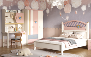 Set mobilier Minnie din  lemn frasin pentru camera copii 4 piese:  pat 120 200 cm, o noptiera, dulap 3 usi, birou -cod 2201