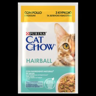 CAT CHOW HAIRBALL, Pui si Fasole verde, hrana umeda pentru pisici 1x 85g