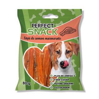 Perfect Snack, recompense delicioase pentru caini,  Fasii de somon marmorate,   80 g