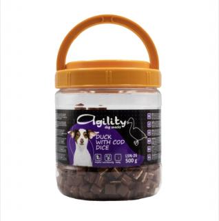 Recompense delicioase pentru caini Agility LSN-26, cuburi de rata si cod, 500g