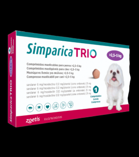 Simparica Trio Caini 6 mg (2.6 - 5 kg) Deparazitare interna si externa, 3 x comprimate masticabile